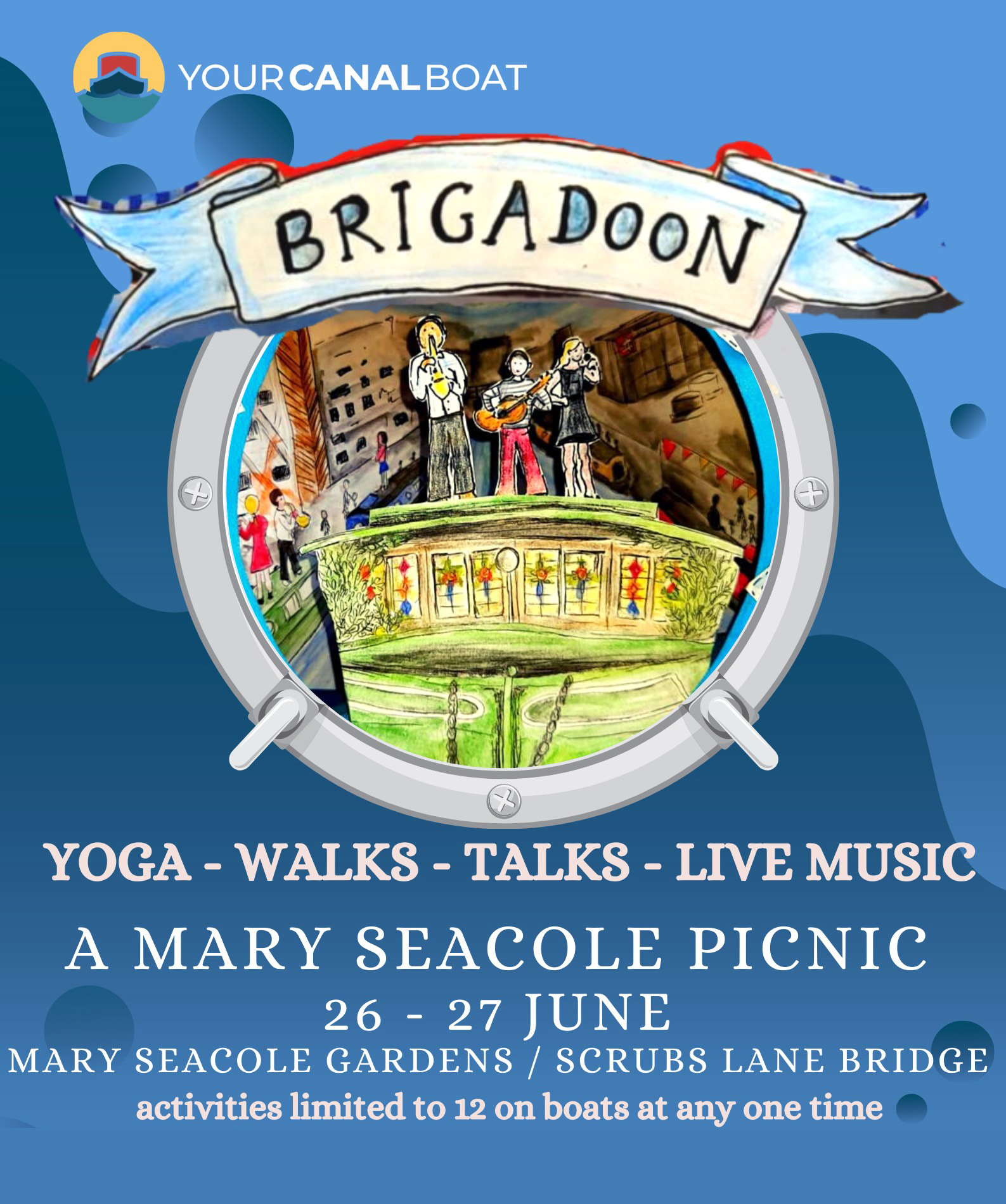 Your Canal Boat yoga and music event poster with Brigadoon